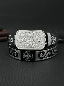 Vintage Western Cowboy Style Embossed Buckle Belt, Fashionable Ethnic Pattern Belt for Women & Men, Casual Waistband for Jeans Trousers, Western Concho Belts