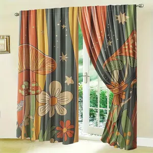 2-piece set of living room curtains, 70s retro style bohemian abstract mushroom pattern blackout pocket curtains, suitable bedroom and living room, dimensions 21.65x59/41.34x82.68/44.5x 90.55inch D
