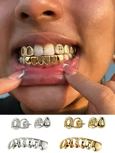 3-Piece Set Hollow Star & Cross Grillz, 4pcs Hollow Hexagonal Metal Hip Hop Teeth Jewelry, Fashion Party Accessory, All Seasons, Teeth Cover Girls