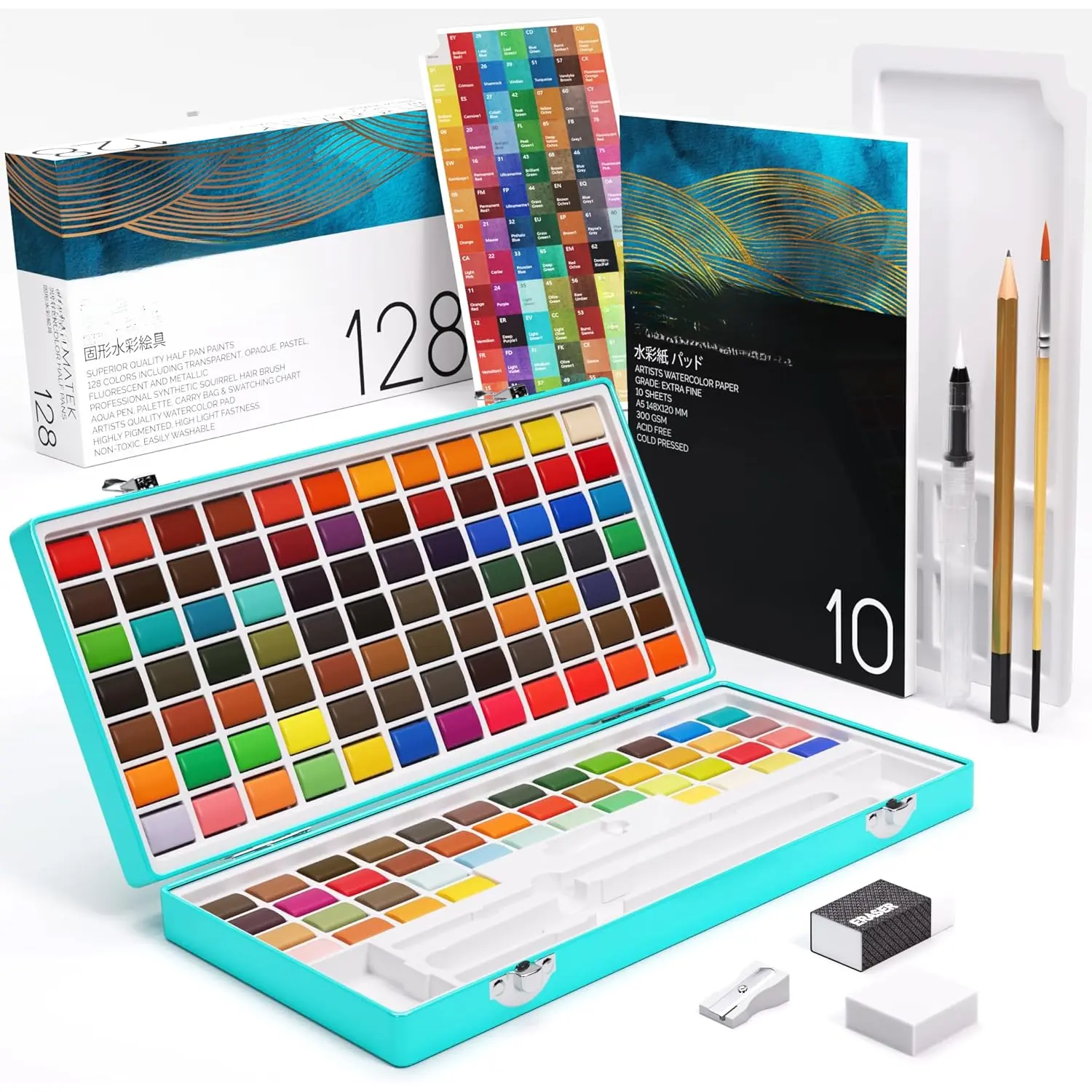 Watercolor  Set - 128  Colors Including Transparent, Opaque, Metallic, Fluorescent & Pastel - Portable Art Kit with Brushes, Swatch Sheets, Paper Pad & Travel Case for Artists & Beginners
