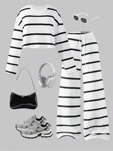 Women's Casual Loose Drop Shoulder Round Neck Striped T-Shirt Set with Fuzzy Ribbed Drawstring Wide Leg Pants, Perfect for Daily Outfit Womenswear