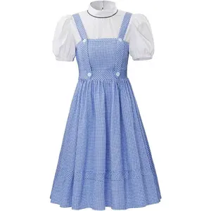 Movie Dorothy Cosplay Costume Women's Dorothy Blue Plaid Dress Suit Fairytale Dress Adult Halloween Outfit