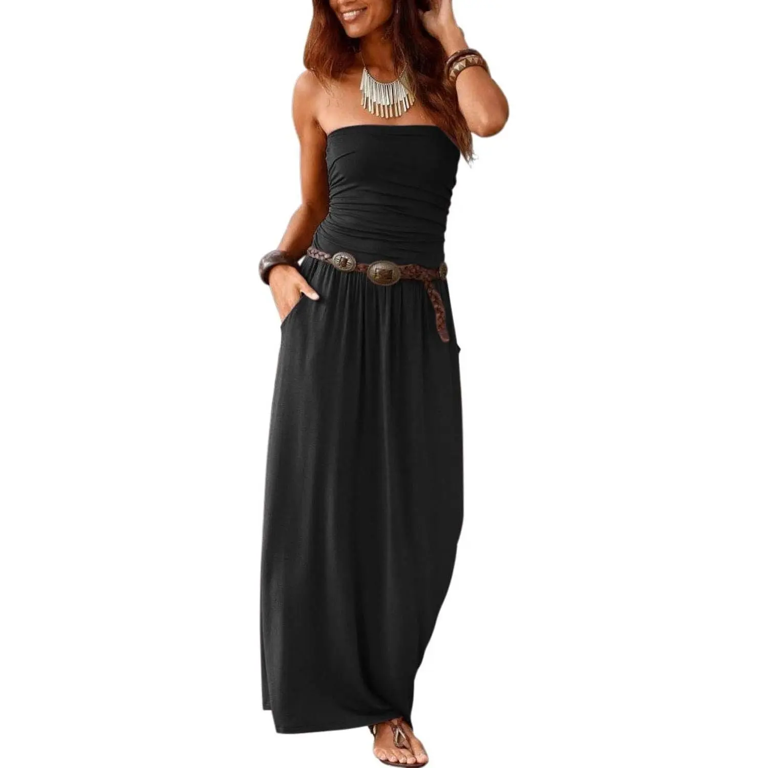 Women’s Strapless Bandeau Summer Long Floral Dress Off Shoulder Beach Maxi Dress with Pockets