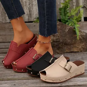 Women's Beige Wedge Sandals - Comfortable Open-Toe Slip-On Clogs with Buckle Straps & Studded Sole, Casual Summer Platform Shoes in Red, Black, or Tan