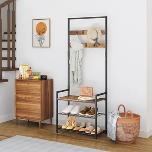 HOMEKOKO Coat Rack Shoe Bench, Hall Tree Entryway 3-in-1 Design Storage Bench, Wood Look Accent Furniture with Metal Frame