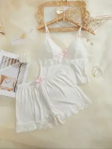 Women's Contrast Lace Bow Decor Ribbed Pyjama Two-piece Set, Cute Elegant Adjustable Spaghetti Strap Ruffle Trim Crop Camisole & Elastic Waist Shorts Pj Set, Ladies Sleepwear for All Seasons, Aesthetic Womenswear, Lingerie Nightwear