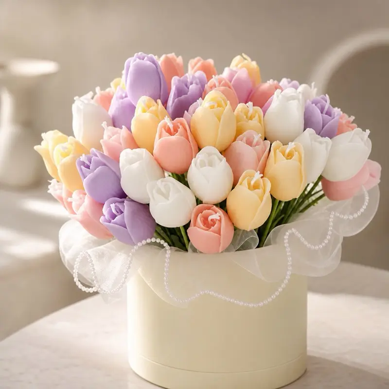 4-Piece 3D Silk Tulip Flower Candles with Wooden Stem, Table Decor, Fruit-Themed Home Decor Gift for Home Supplies