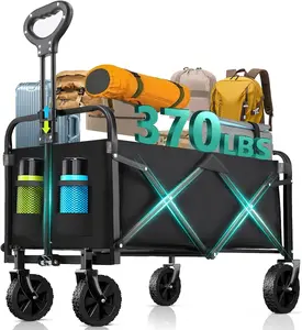 Heavy-Duty Folding Wagon Cart with stainless steel frame & 600D Oxford fabric. Supports 370 lbs with all-terrain 360° wheels. Ideal for gardening, shopping, camping, and beach trips. Easy assembly and portable for effortless transport.