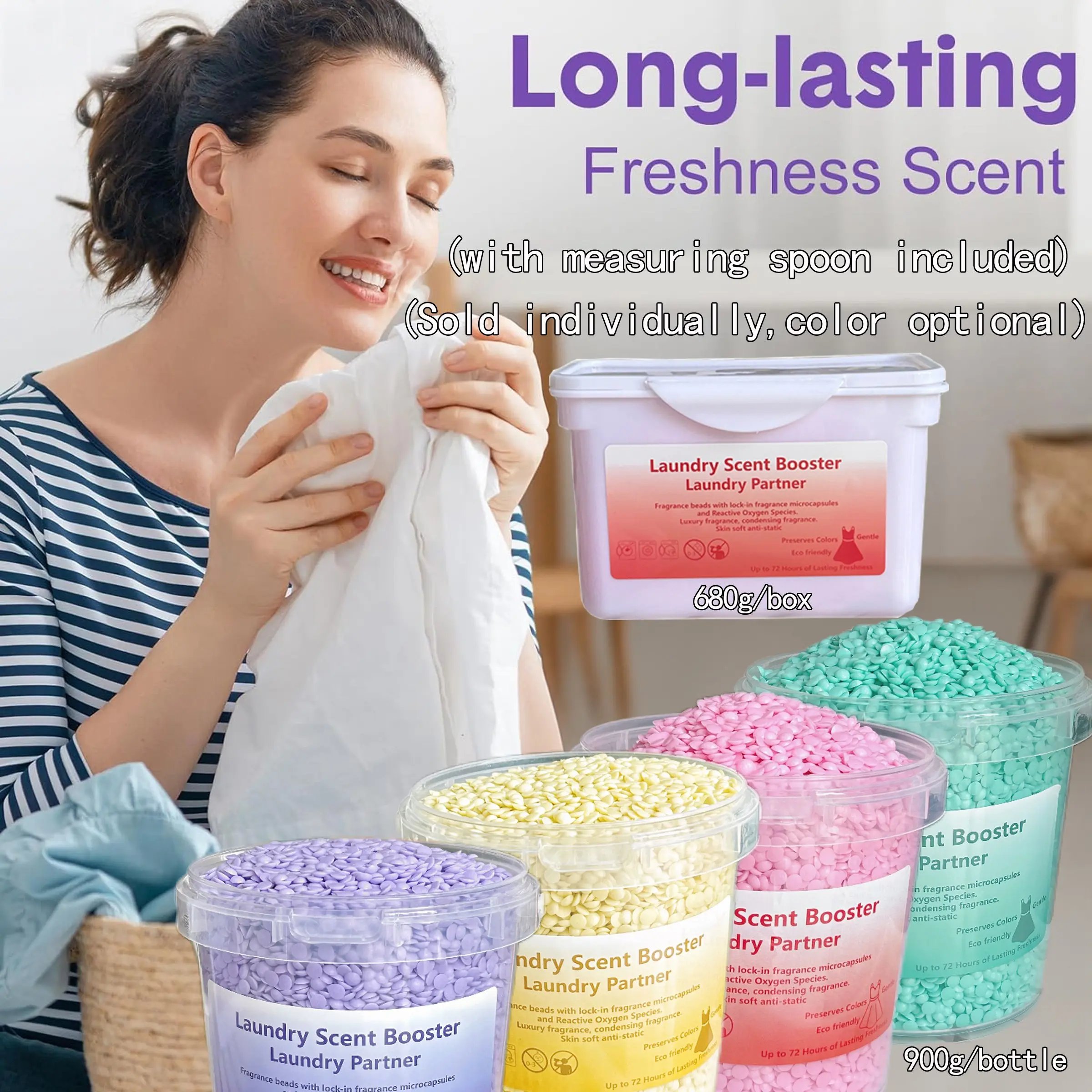 Laundry Perfume Booster 680g/900g, Boxed/Drum, with Measuring Spoon, Laundry Scent Beads, ry Fragrance Enhancer, 4 Scents, Long-lasting Freshness, Suitable for Home Use, Scented Laundry