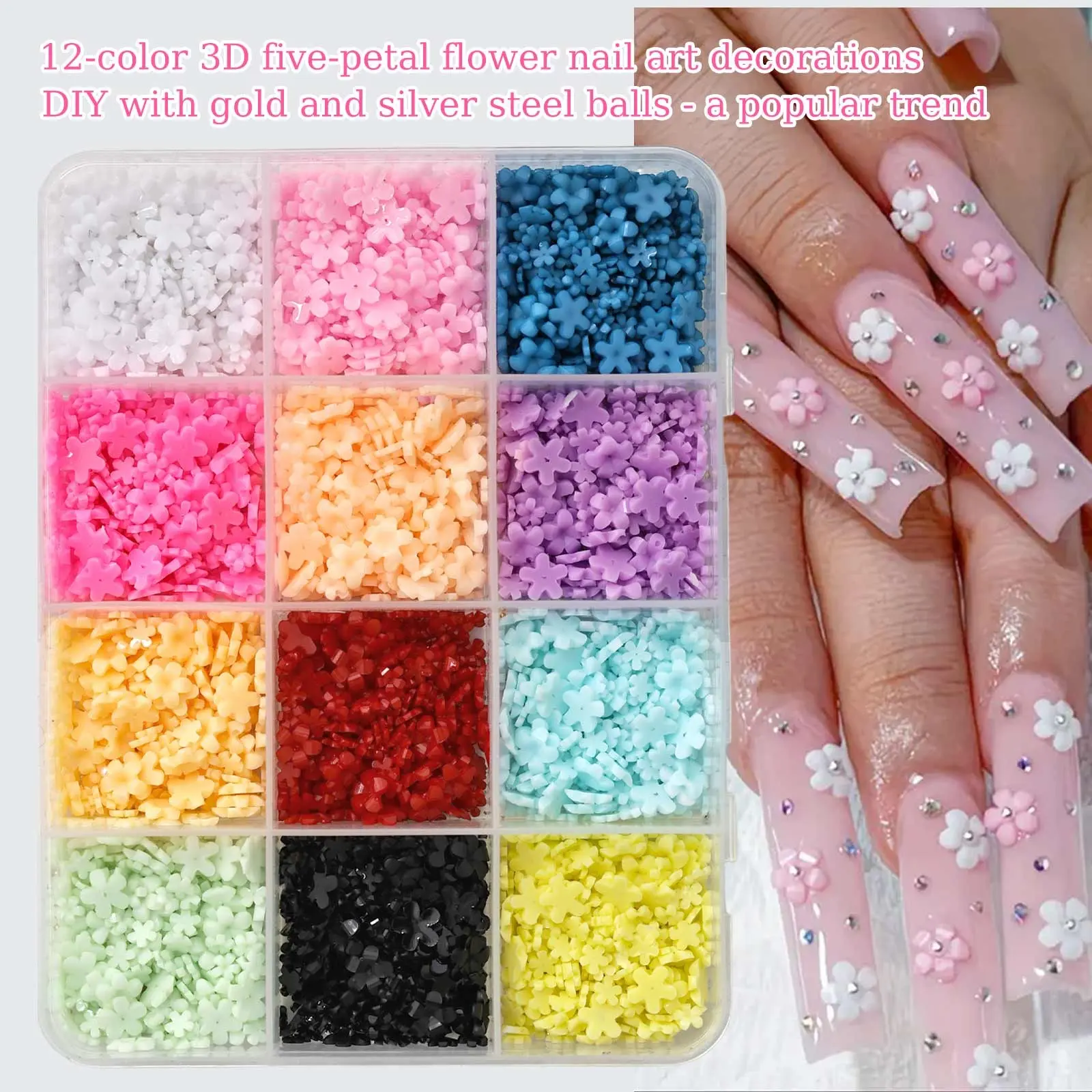 6-slot/12-slot/24-slot Five-Petal Nail Art 3D 3D Mini Small Flower Nail Art Accessories Mixed Color Floral Resin Five-Petal Flower Nail DIY Wear Nail Accessories Nail Salon Special Tools Nail Accessories Salon Manicure Supplies