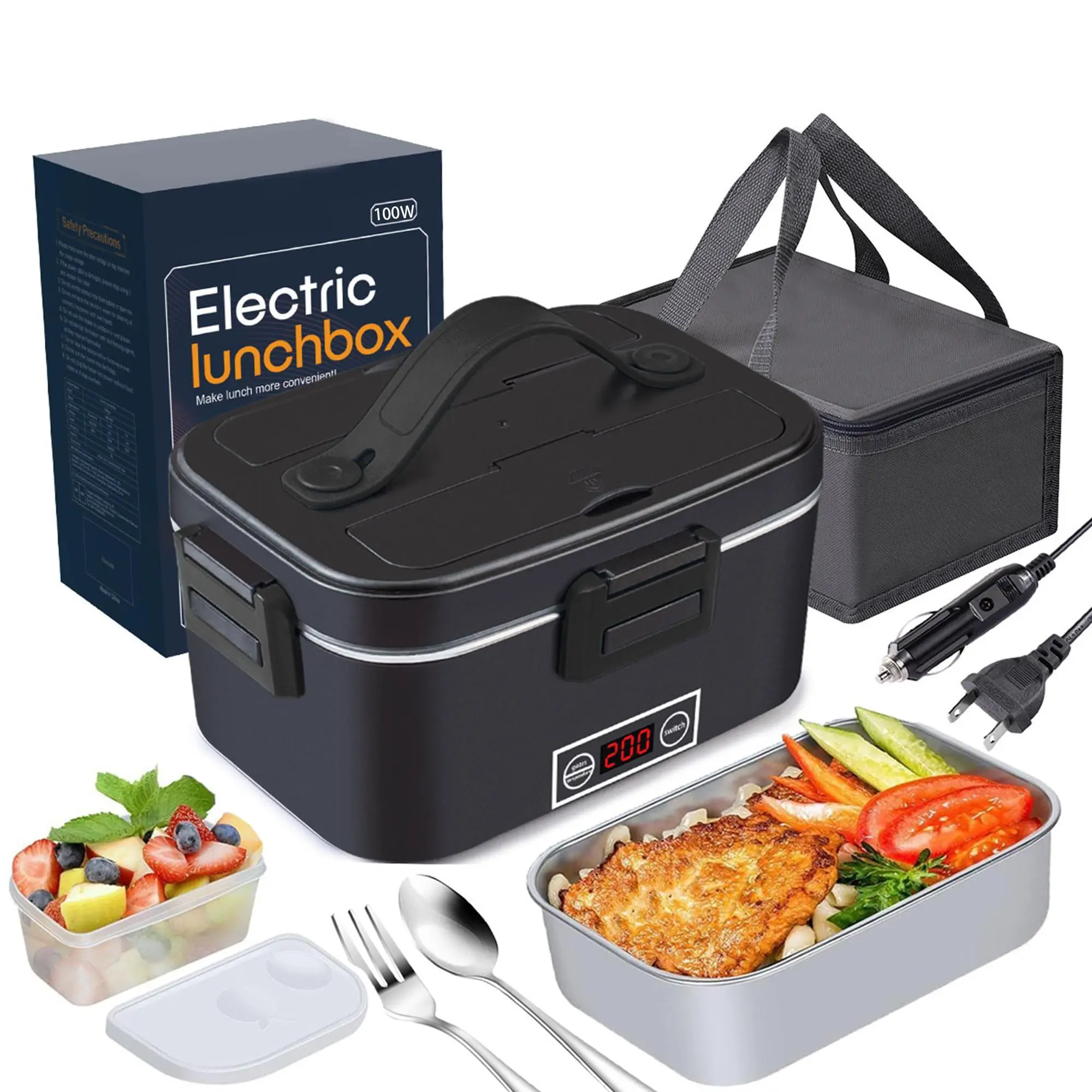 Portable Electric Lunch Box Heater | 1.5L/1.8L, Tableware+Bag | 110V/12V/24V, Leak-Proof | For Home/Office/Car/Travel