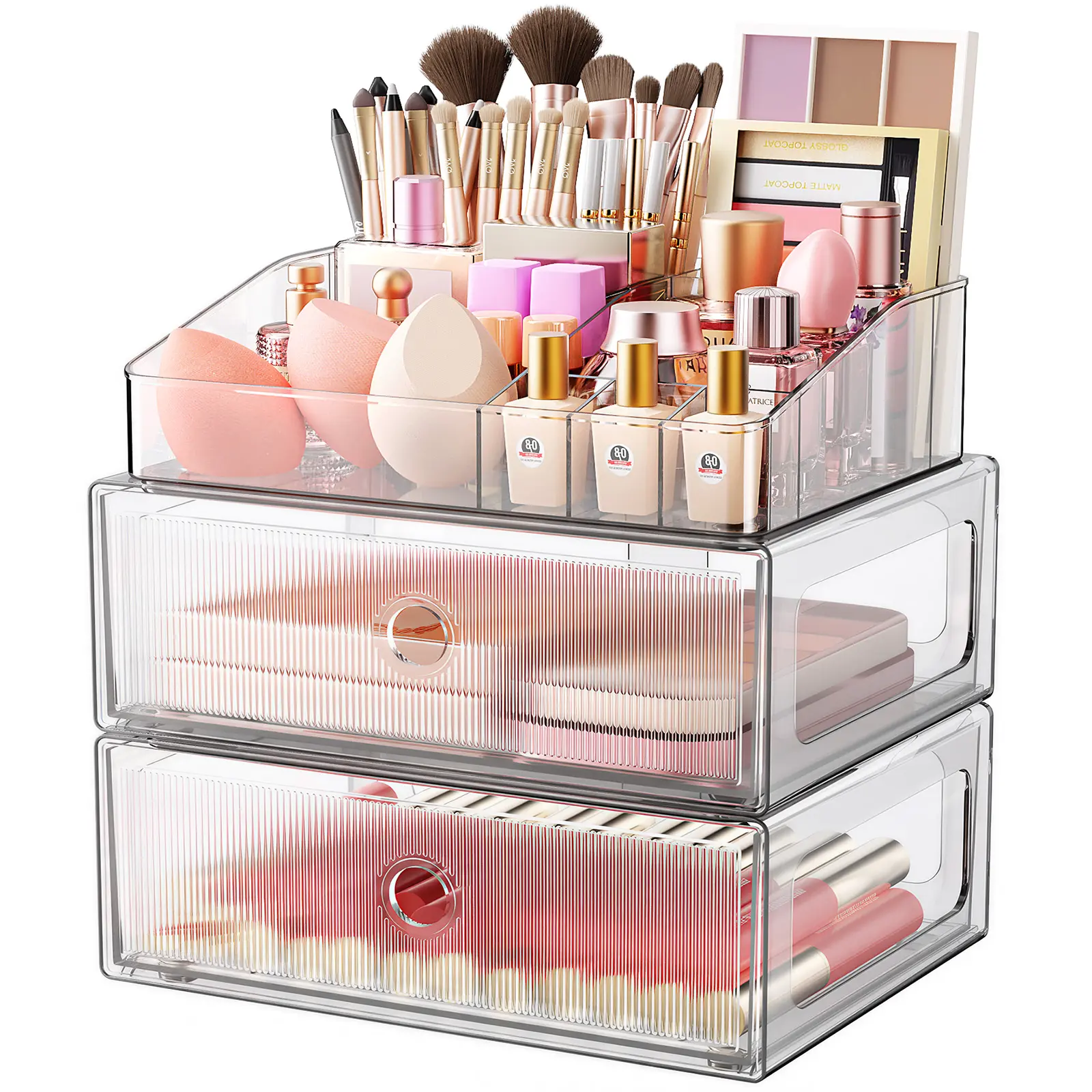 HomeTuk M1  2 Tier/3 Tier Clear Makeup Organizer with Drawer, PET Cosmetic Storage for Dresser, Countertop & Bathroom Vanity, Holders for Lipstick, Brushes, Skincare & Beauty Supplies