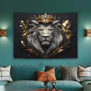 1Pc Handsome Crowned Lion Pattern Printed Tapestry, Elegant Black‑Gold Color Scheme, Wall Art Decor for Living Room, Bedroom, Office & Party, Creative Gift Choice, Lion‑Themed Wall Decoration