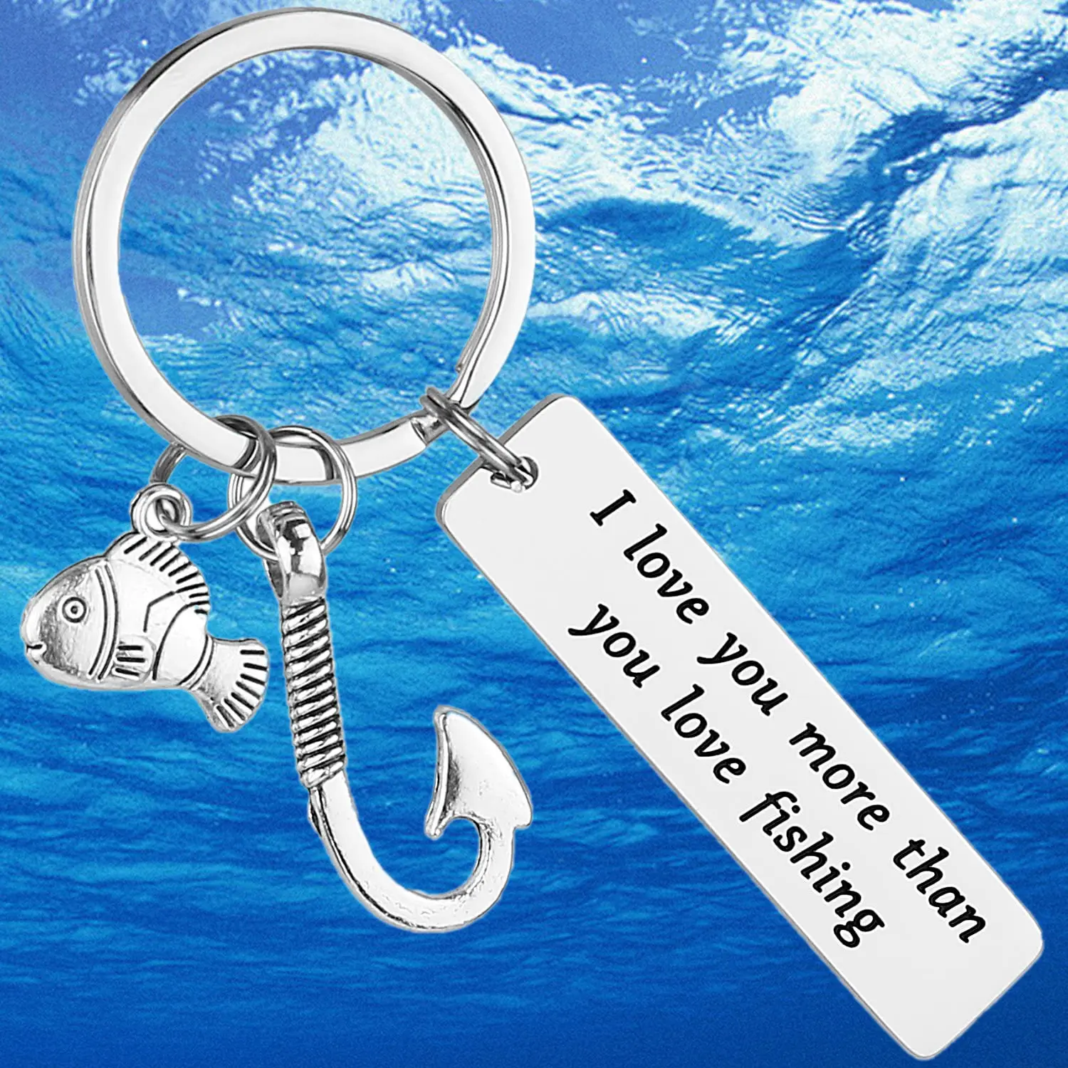 Fishing Lover Keychain For Him, Stainless Steel Engraved Tag "I Love You More Than You Love Fishing", Fish & Hook Charm Key Ring, Romantic Couple Gift For Fisherman Boyfriend Husband Anniversary Birthday