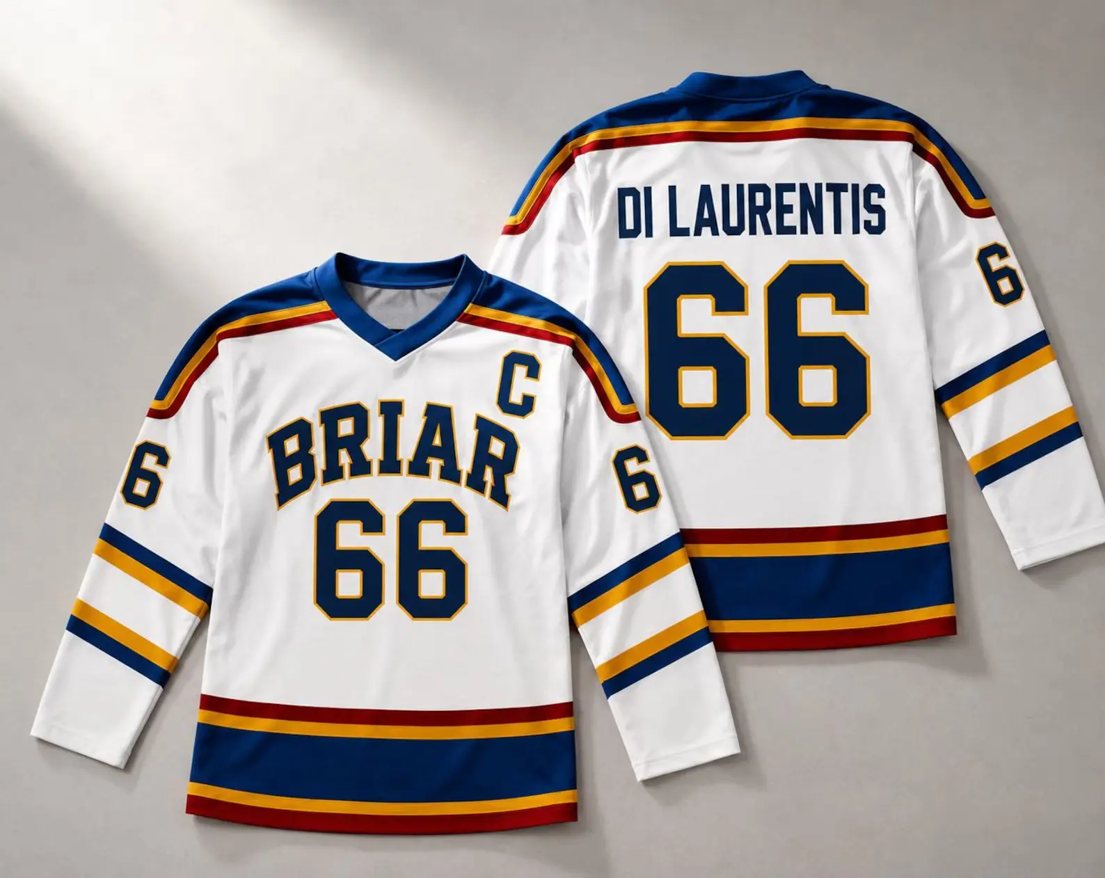 Di Laurentis 66 Hockey Jersey, Graham 44 Hockey Jersey, Logan 22 Hockey Jersey, Tucker 46 Hockey Jersey, Briar University Navy/White Jersey,  Off-Campus Shirt