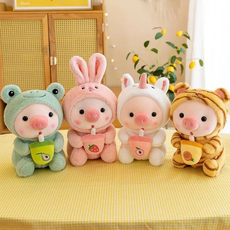 Kawaii Stuffed Pig Plush Pillow with Bubble Tea & Cartoon Animal Pattern, Cute Animal Design Plushies, Valentine’s Day Gift for Girls Who Love Soft Aesthetics