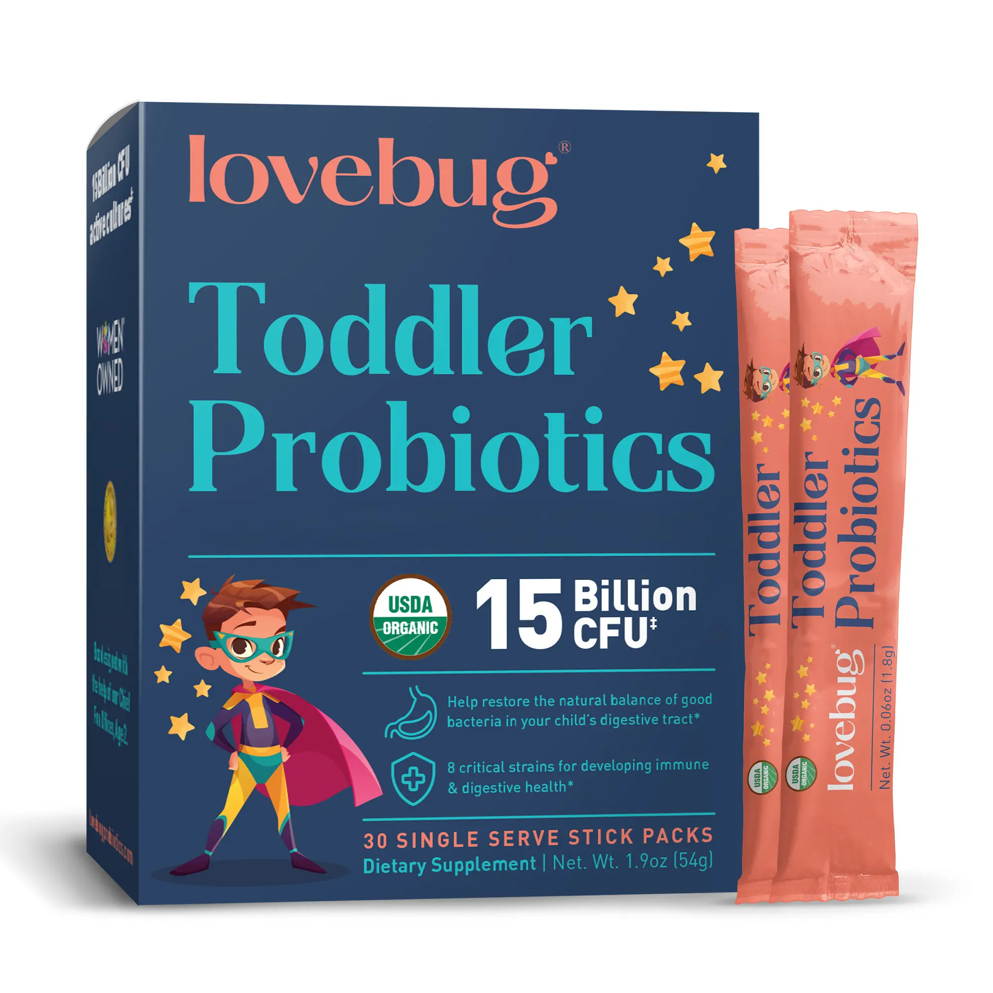 Lovebug Toddler Probiotic | 15 Billion CFU, 8 Probiotic Strains | USDA Organic Flavorless Daily Powder | Digestive & Immune Support | 30 or 60 Stick Packs
