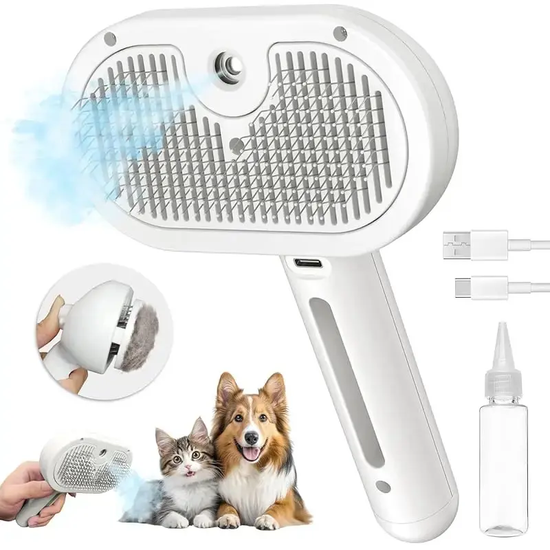 MREGB 3-in-1 Pet Steam Brush & Self-Cleaning Grooming Tool. Innovative Mist Spray Shedding Comb & Dematting Brush for Cats and Dogs. 1-Button Quick Fur Removal & Odor Control Grooming Supplies, Skin-Safe for Long & Short Haired Animals