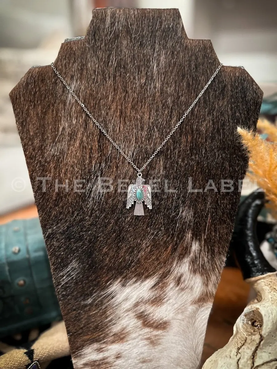 Western Style Cowgirl Necklace with 20” 925 Sterling Silver Chain, Silver-Turquoise Design, Thunderbird Charm, Bold Western Flair, Western Style Necklace