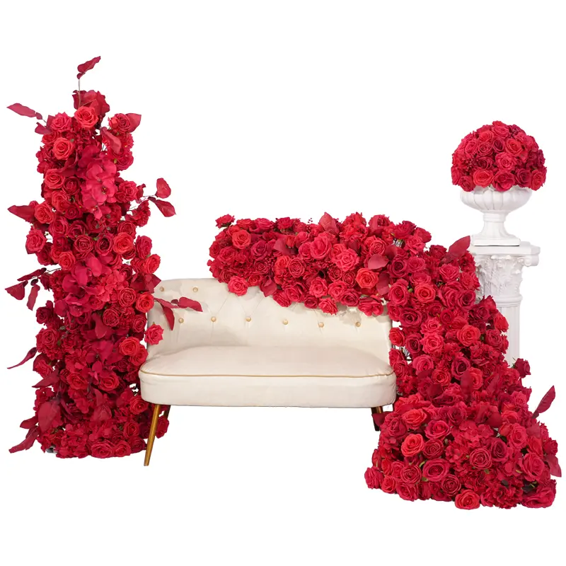S-A875206 Silk Fabric Red Roses Table Runner (7.55x2.3 ft) - Romantic Accessories for Wedding Banquet, Table Covers, Event Decor Props