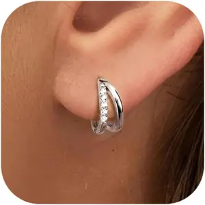 ZELORES 1 Pair Silver Small Hoop Earrings for Women 18K White Gold Plated Cubic Zirconia Huggie Hoop Earrings Dainty Hoops Earring Double Hoop Earrings minimalist elegant fashion clip-on earring lightweight multiple cartilage earring