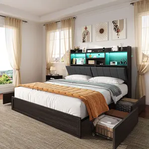 [SummerVibes]VanAcc Platform Bed with 4 Storage Drawers, LED Bed Frame with Bookcase Headboard, Linen Upholstered, Charging Station & Hidden Storage Area, No Box Spring Needed