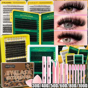 High-capacity eyelash clusters, gift box packaging, various styles available, featuring false eyelashes, 2 pairs of dual-head adhesive, 2 pairs of remover liquid, 2 pairs of tweezers, 6 hair brushes, 2 makeup sponges, D-curved.
