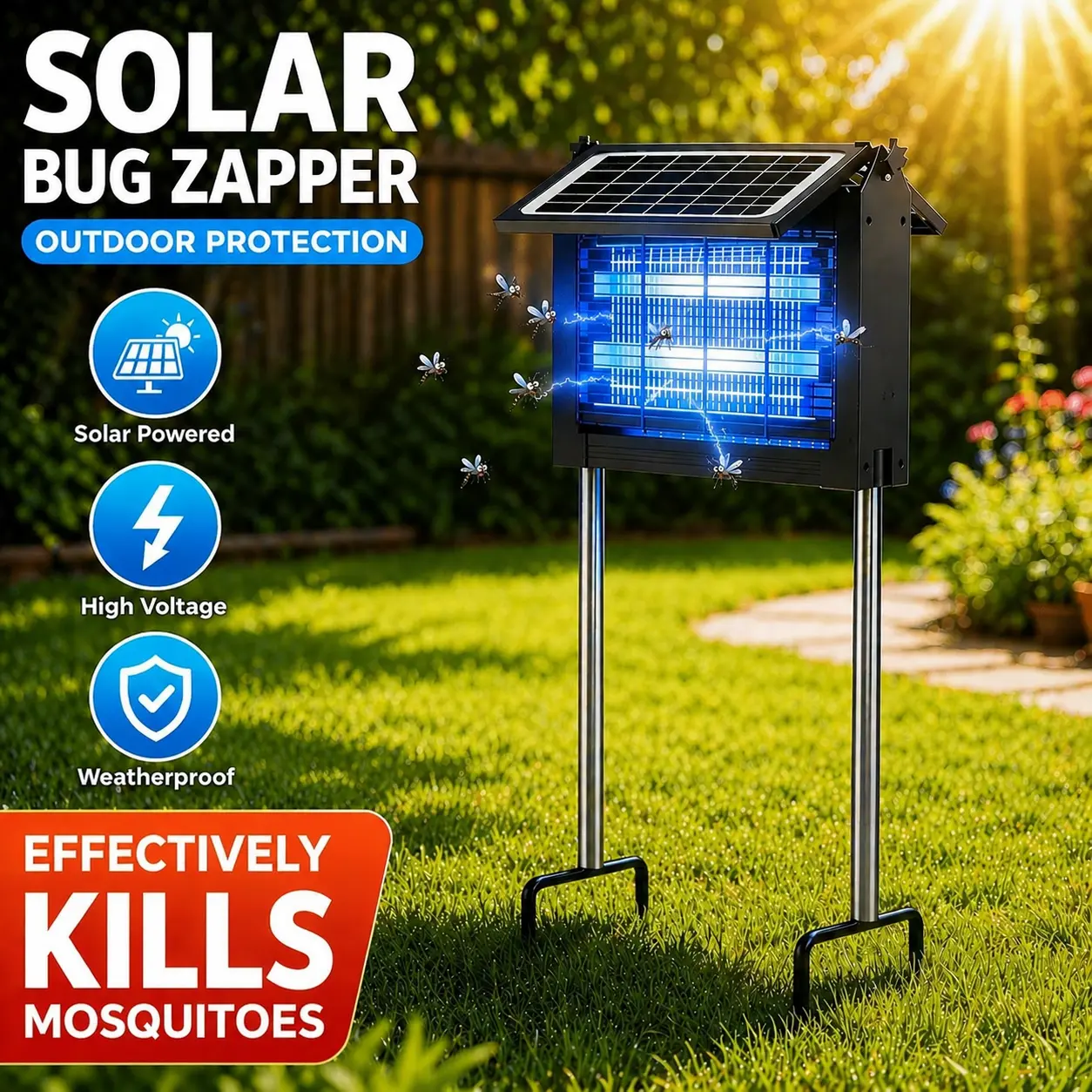 Solar Bug Zapper Outdoor, 4500V Electric Mosquito Zapper with Dual Solar Panels & USB Charging, Auto On/Off Mosquito Killer, IPX5 Waterproof Fly Trap for Backyard Patio Garden Camping,back to school,back to school haul