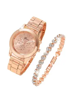 2-piece Geneva Three-eye Diamond-Set Metal Quartz Analog Watch with Large Dial Set
