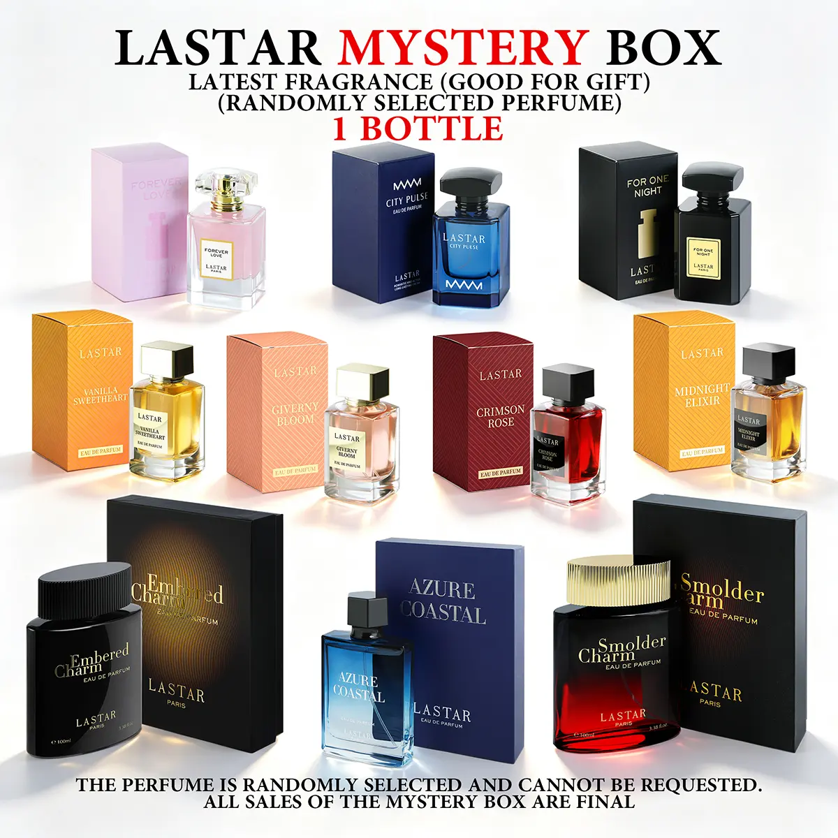 LASTAR Women's & Men's Perfume Mystery Box｜1 Random Bottle out of 10 Premium Scents: Vanilla / Floral / Chypre / Marine / Woody. Ideal for unboxing at social gatherings