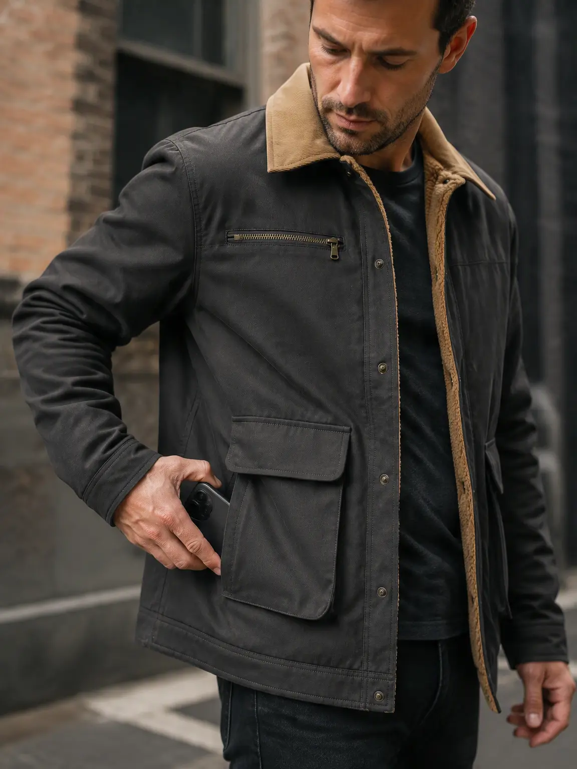 Men’s Sherpa-lined work jacket, corduroy collar button-front winter coat with utility pockets, warm outdoor early fall outfit