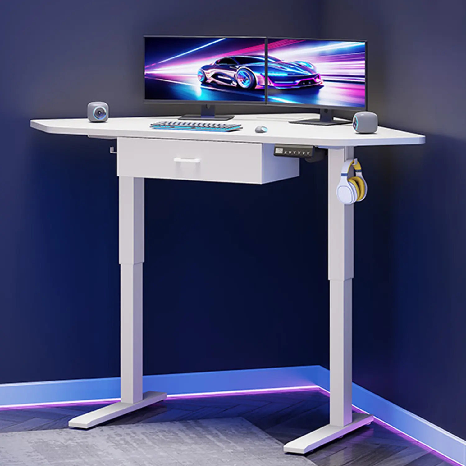 Sedeta 32'' Modern Corner Ergonomic Sit-Stand Electric Adjustable Height Computer Desk, Small Desks for Gaming with Built-in Drawers, Space-Saving Home Office Furniture Solution, Adjustable Height Desk