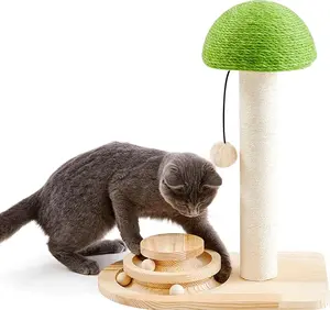 Made4Pets Cat Scratching Post, Mushroom Cat Scratcher with Sisal Ropes, Interactive Track Ball Toy, 2-in-1 Wood Scratch cattree