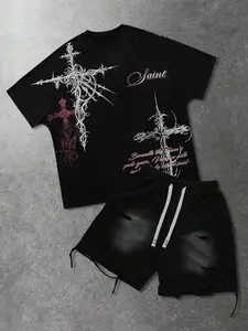 Same design for men and women, urban dark style, street Gothic Clothes, crossprint round-necked short-sleeved T-shirt and tiger-print rip-and-sew design drawstring waist shorts set, S