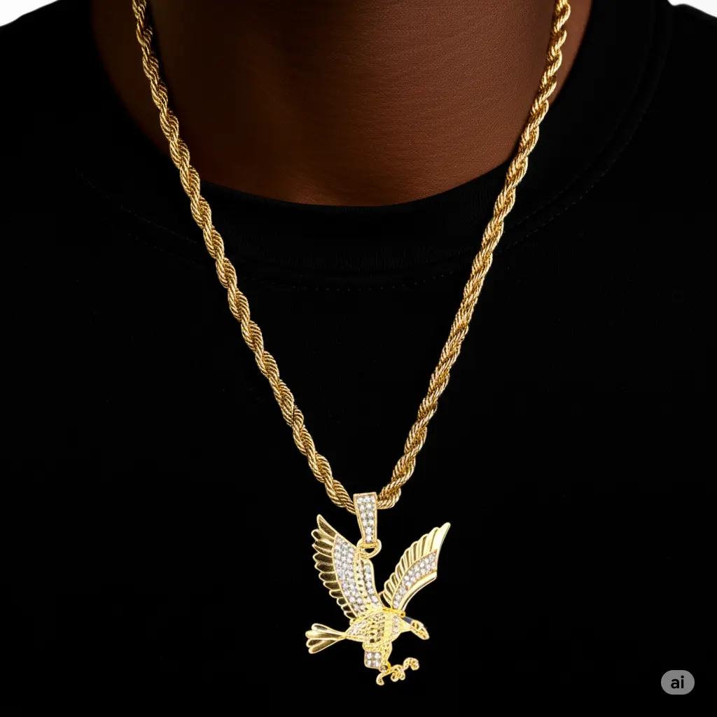 MaxBling81 Unisex Iced Out Eagle Rope Chain Necklace, Hip Hop Gold/Silver Plated CZ Pendant, 18-24 Inch 4mm Chain, Rope Chain Necklaces