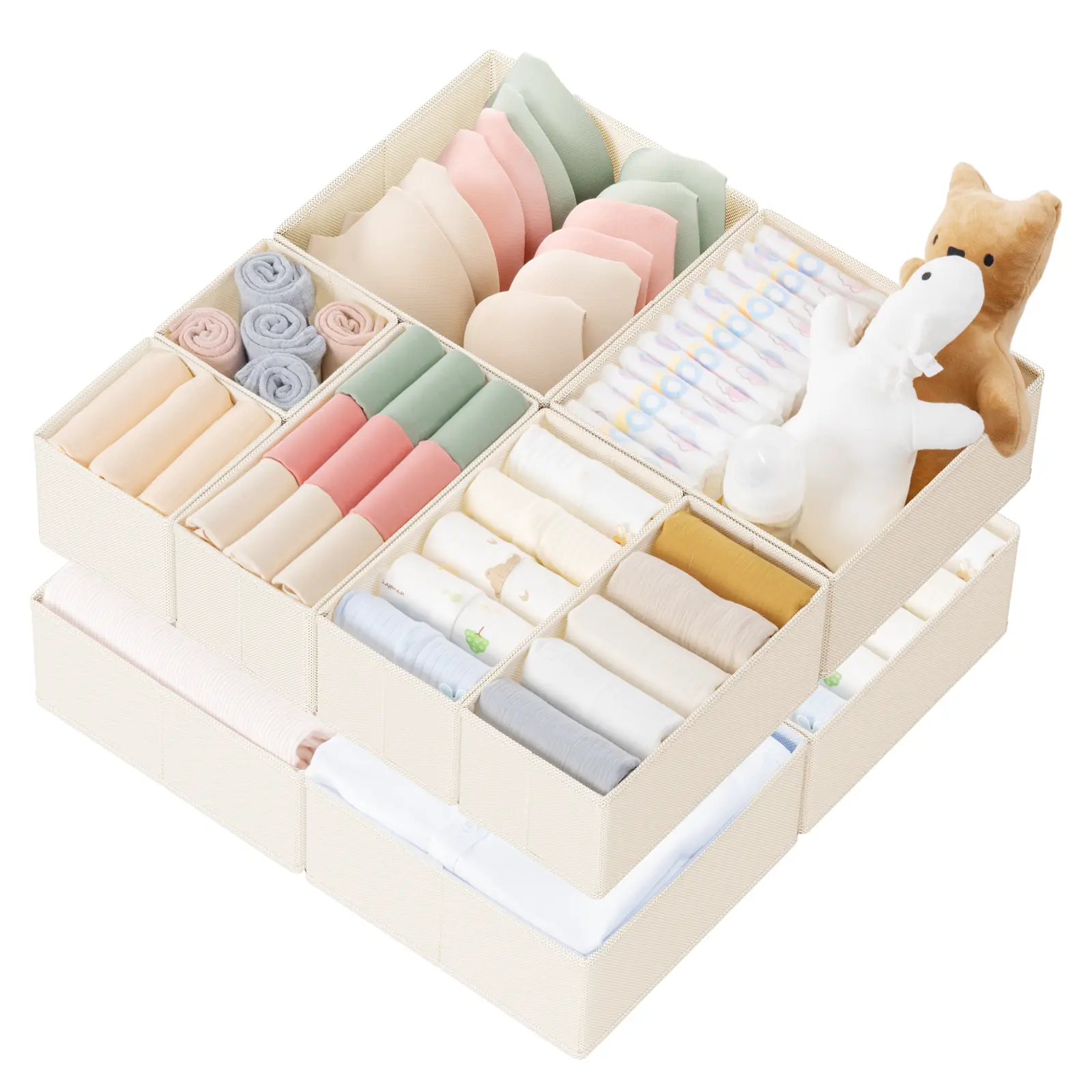 Criusia 10-Pack Plastic Foldable Square Drawer Organizer Bins Set - Collapsible Storage Bins with Divided Compartments, Multi-Size Stackable, Heavy Boards, Clothes Organiser for Nursery Organization,dorm essentials,home decor