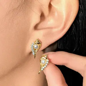 18K Gold Plated Freshwater Pearl & Zircon Conch Earrings