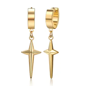 GTHIC Stainless Steel Punk 4-Pointed Star Hoop Dangle Earrings For Men Women Birthday Gift