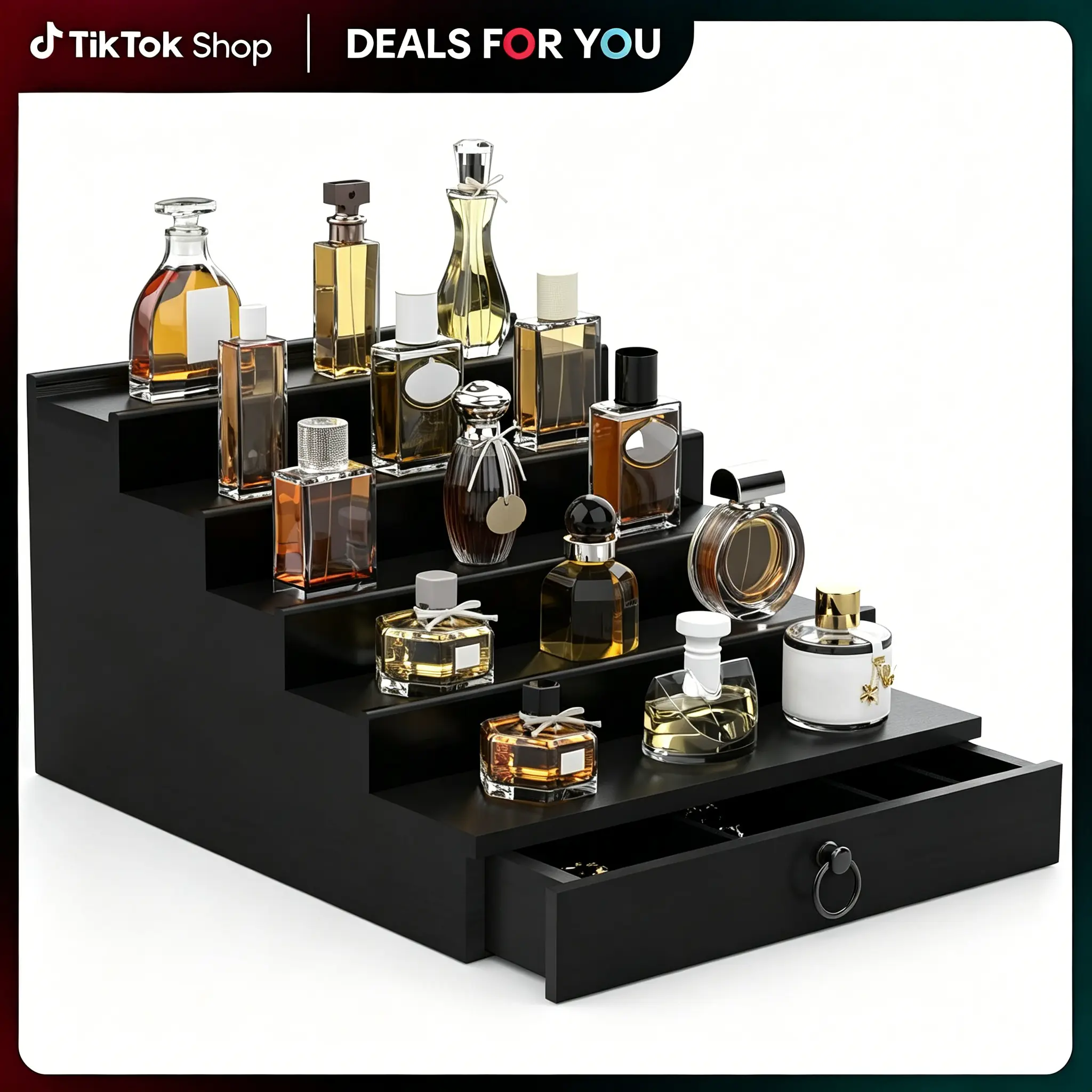 4/5-Tier Clear Compartment Cologne Organizer Rack - Black Wood Frame with Hidden Drawer Cabinet, 5-Tier Desktop Storage Box for Adults’ Men’s Accessories, Home Organizer Gift