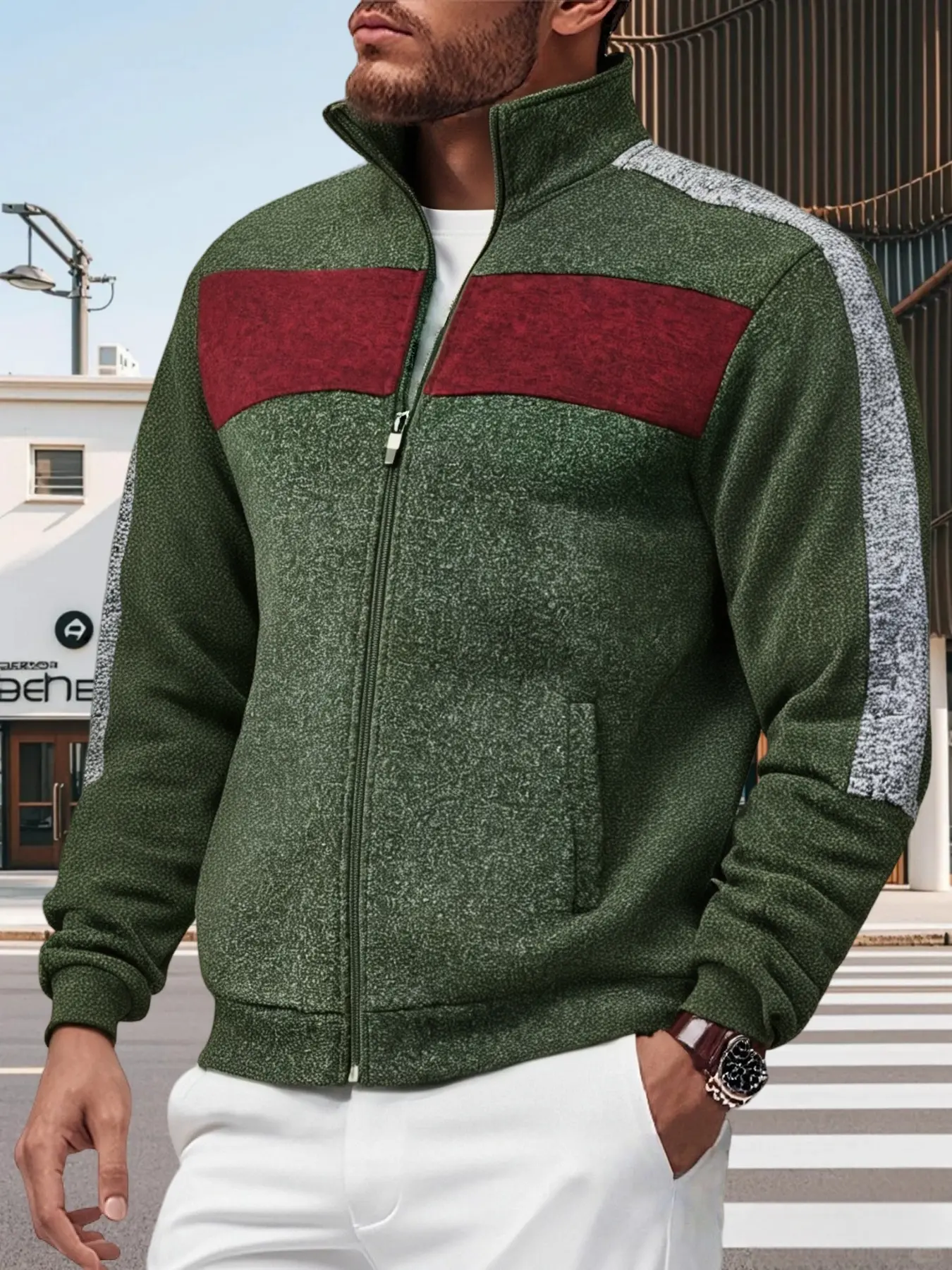 Men's Retro Colorblock Polar Fleece Jacket, Stand Collar Zipper Design, Warm Casual Outerwear, Available in 5 Colors