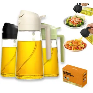 Nifogo 3Pack Kitchen Glass Oil Sprayer 16oz/470ml 2 in 1 Dispenser Portion Control for Air Fryer BBQ Frying Black Green White Handled