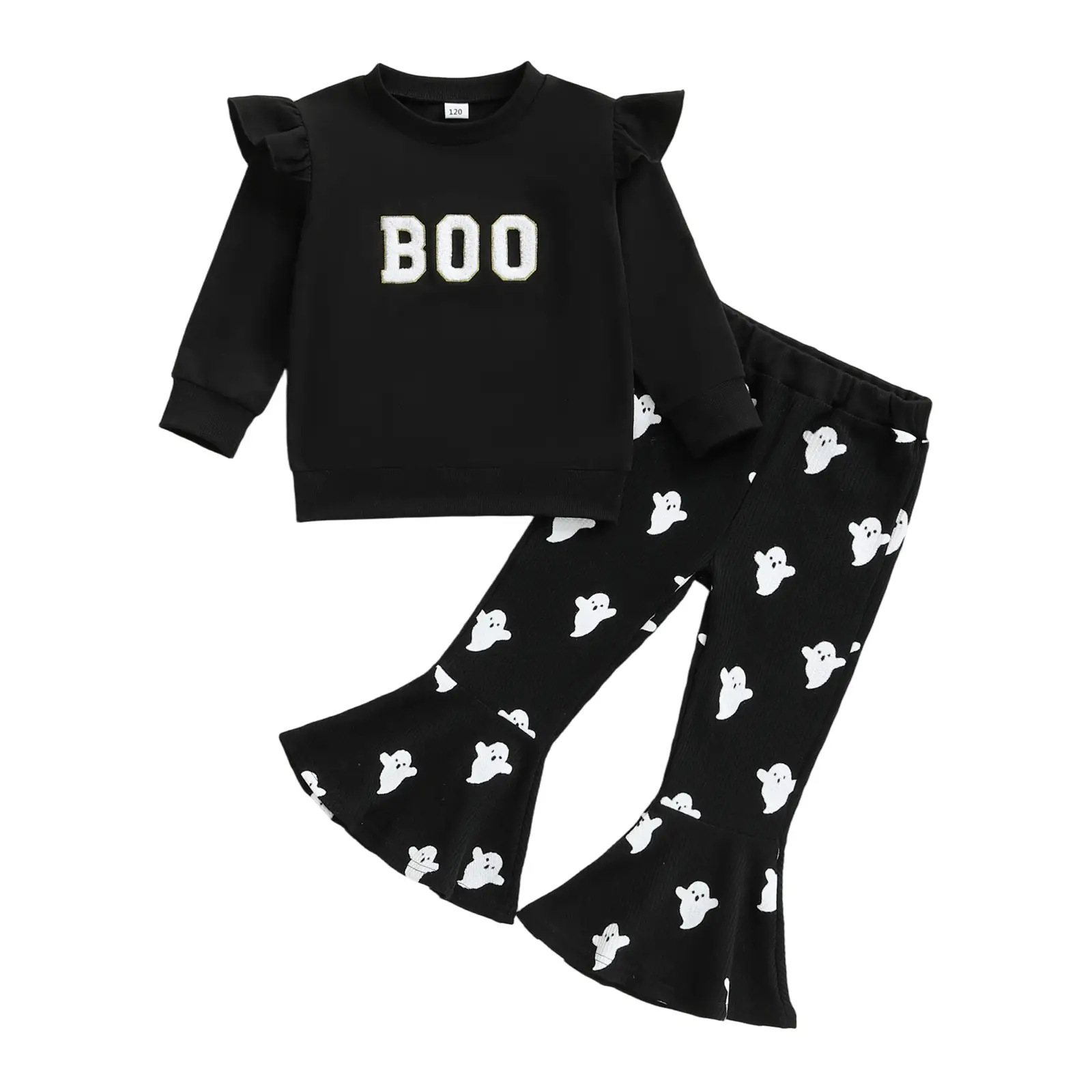REDWOON Halloween Outfits For Baby Girls Boo Embroidery Sweatshirt Ghost Print Flared Pants Toddler Infant Girls Halloween Fall Clothes