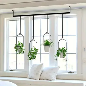1 Set of Metal Adjustable Hanging Flower Pots, Attached 4 Plastic Flower Pots, Indoor Windows and Ceiling Herb Garden Tracks, Wall Plant Hanger with Nylon Rope, 11.8 Inches-18.1 Inch Wide Expandable Kitchen Drawer Rack, Kitchen Slide-out Storage Rack