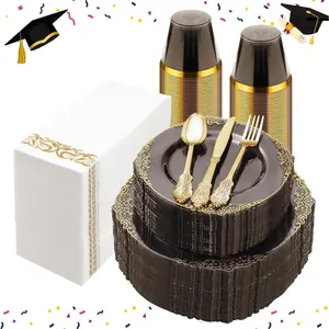 350PCS Clear Black Plastic Plates for 50 Guests, Disposable Plates with Gold Trim include 50 Dinner and Dessert Plates, 150 Gold Silverware, 50 Cups, 50 Napkins for Party & Graduation