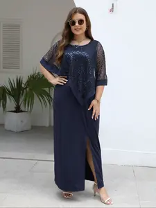 Women's Round Neck Elastic Casual Fit Long Dress, Womenswear, Vintage Style for Bridesmaids, Comfortable Mesh Sequin Fabric, Perfect for Weddings and Various Occasions