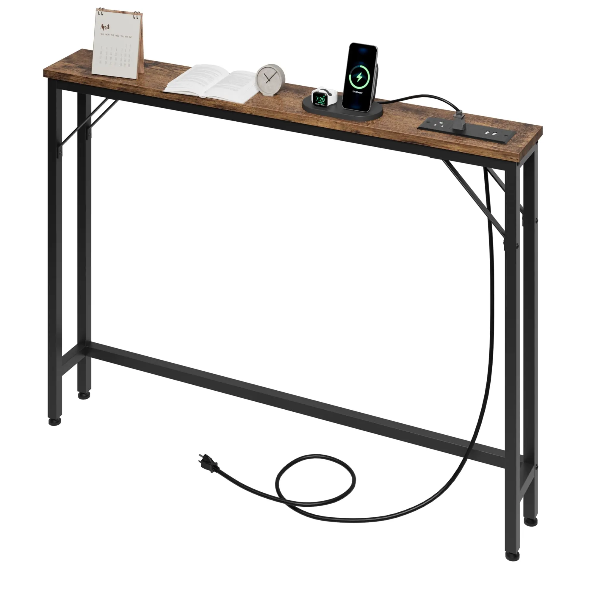 5.9” Narrow Sofa Table with Outlets - Slim Console Table with Storage for Living Room, Entryway, Hallway - Rustic Behind Couch Table