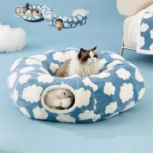 Large Cat Tunnel Bed for Indoor Cats - Cute Cat Donut Tunnel Toys for Small Large Cats with Washable Circle Cushion, Round Pet Peekaboo Cave Toy for Kitten/Puppy/Rabbit, Standard Blue