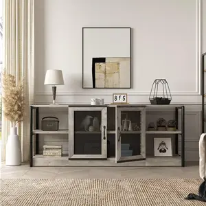 Grey 63 TV Stand Farmhouse Style TV Console Table with Storage Shelves Cabinet Wood Entertainment Center for Living Room