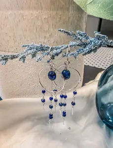 Midnight Blue Hoops Unisex Earrings with Dangling Beads and Silver Hoop Design for All Gender