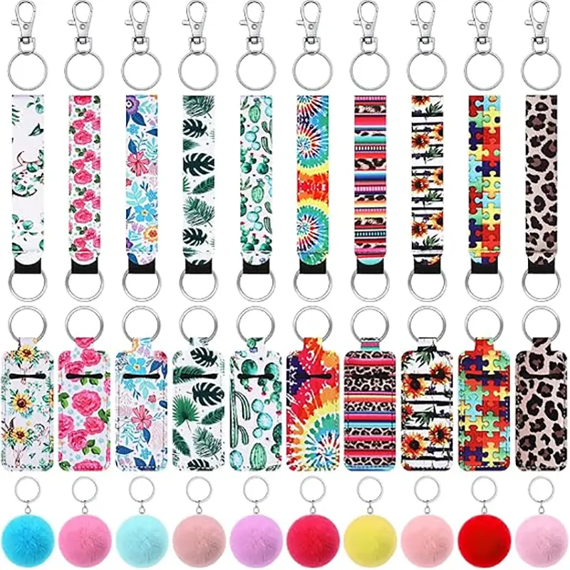 60 lipstick holder keychain set, including 10 lipstick holder keychains, 10 wristbands, 20 keychains, 10 plush balls, and 10 jump rings. Homemade keychain for gift making